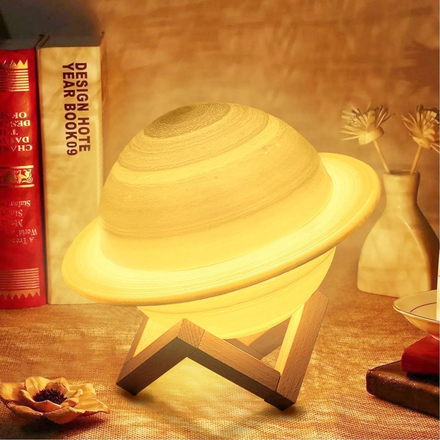 LAMPE VEILLEUSE SATURNE AVEC SUPPORT BOIS 18 CM 